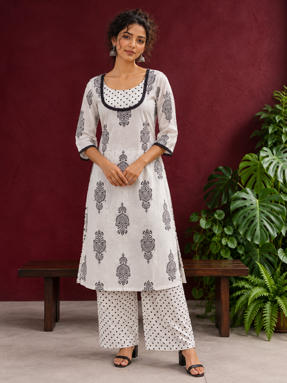 Classic White Cotton Kurta with Black Block Print Motifs, Polka Dot Yoke & Contrast Lace Trim with Matching Polk — front view
