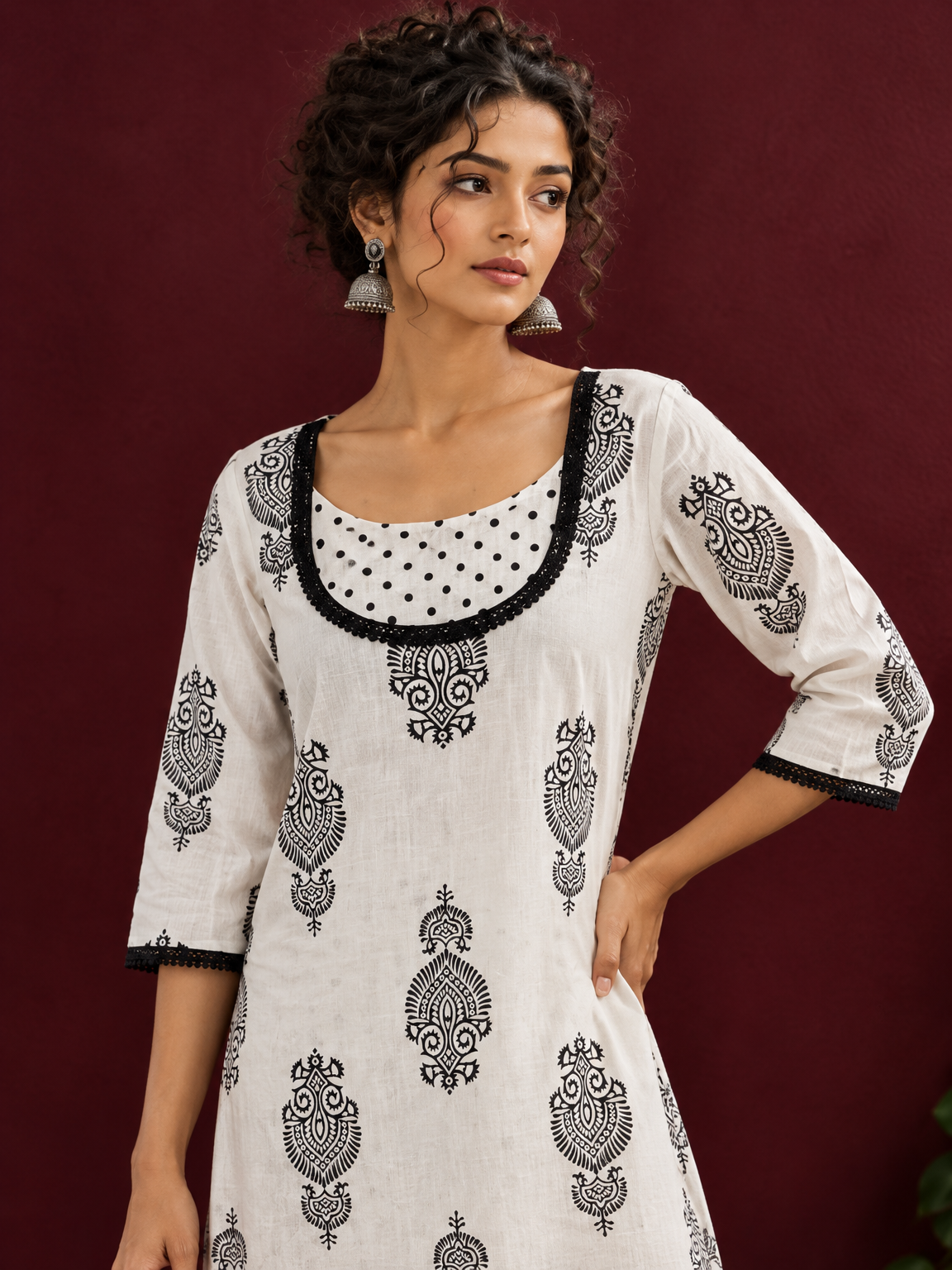 Classic White Cotton Kurta with Black Block Print Motifs, Polka Dot Yoke & Contrast Lace Trim with Matching P — fabric detail — view 3