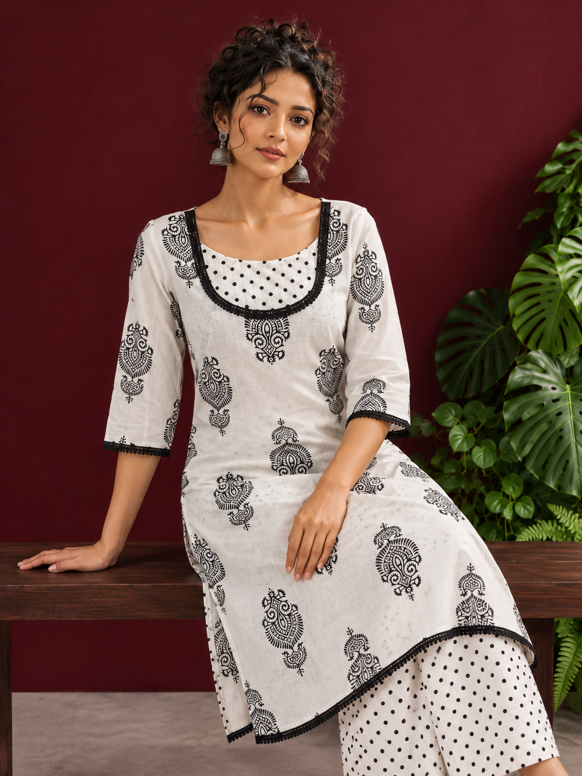 Classic White Cotton Kurta with Black Block Print Motifs, Polka Dot Yoke & Contrast Lace Trim with Matching P — seated detail — view 6