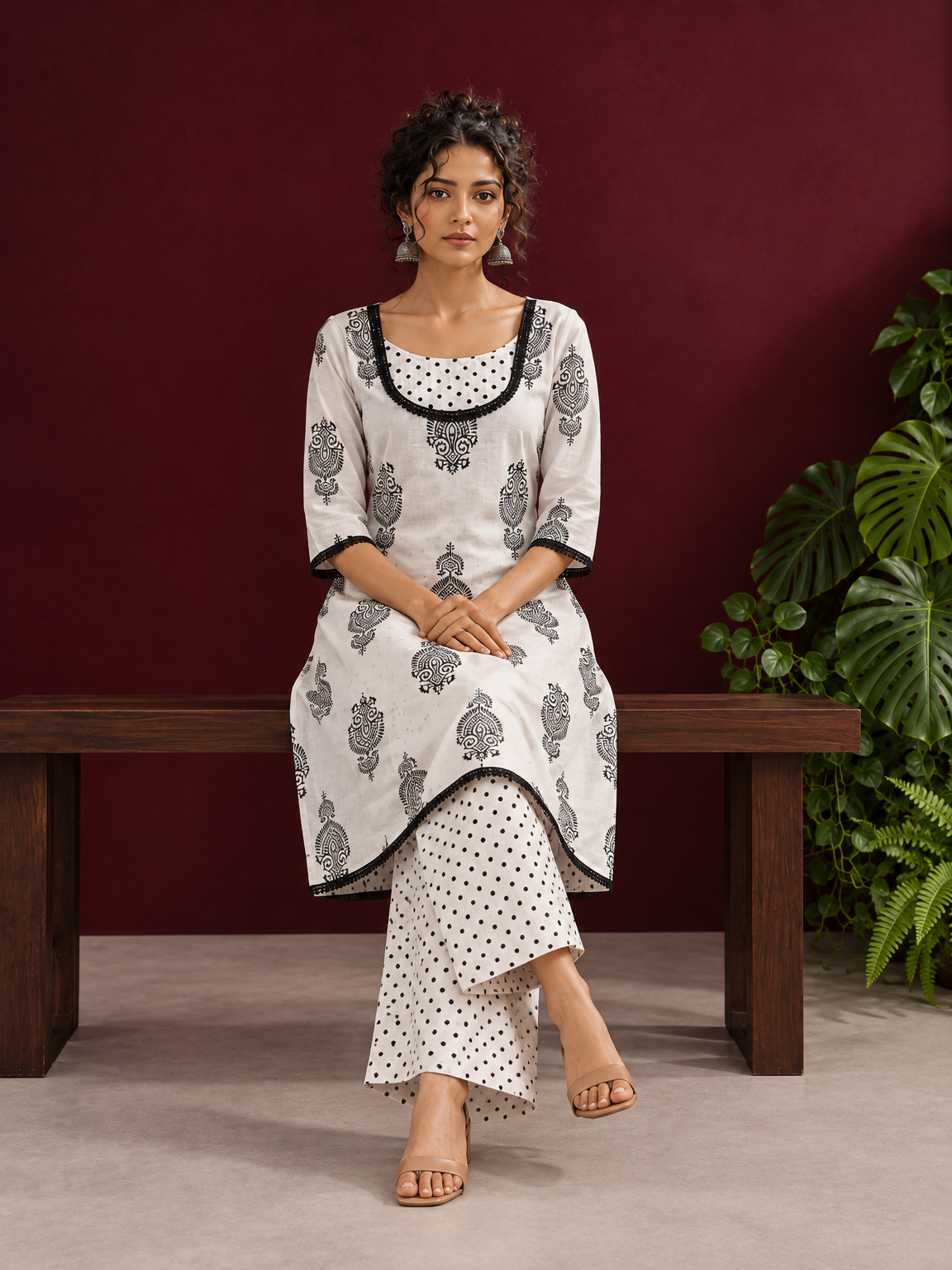 Classic White Cotton Kurta with Black Block Print Motifs, Polka Dot Yoke & Contrast Lace Trim with Matching Polka Dot Pants