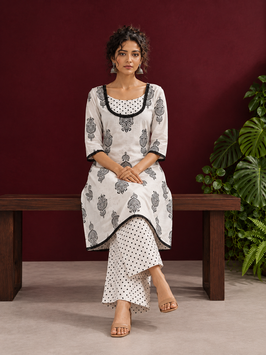 Classic White Cotton Kurta with Black Block Print Motifs, Polka Dot Yoke & Contrast Lace Trim with Matching Polka Do — seated