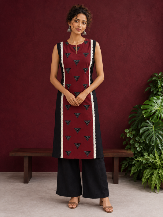 Classic Black Cotton Kurta with Maroon Polka Dot Triangle Panel & Crochet Lace Trim — front view