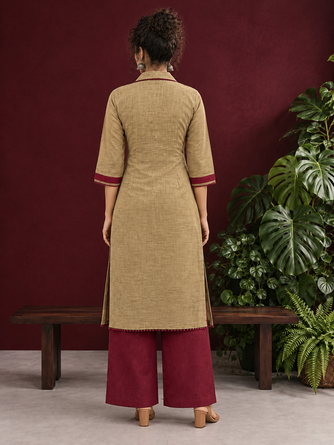 Timeless Beige Cotton Asymmetric Kurta with Maroon Lace Collar and Contrast Maroon Accent — back view — view 2