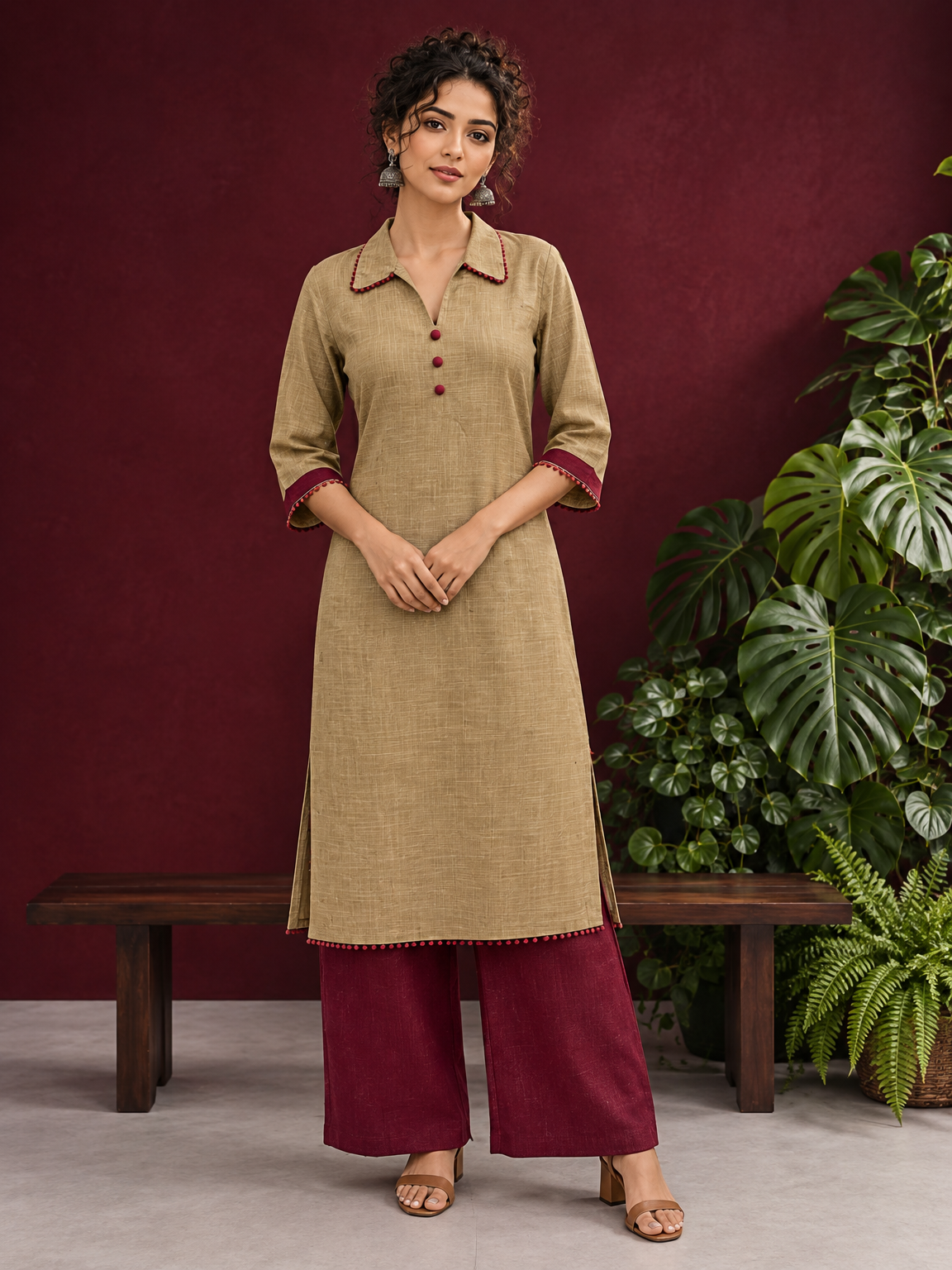 Timeless Beige Cotton Asymmetric Kurta with Maroon Lace Collar and Contrast Maroon Accent — front view — view 4