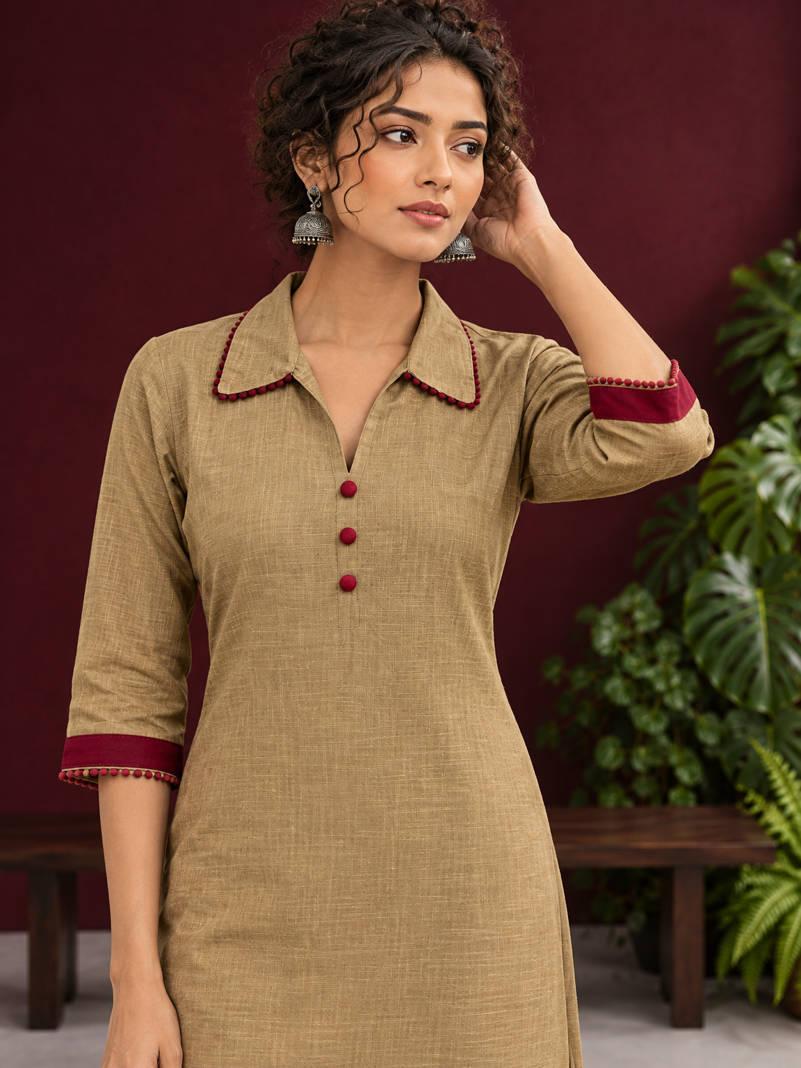 Timeless Beige Cotton Asymmetric Kurta with Maroon Lace Collar and Contrast Maroon Accent — styled view — view 5