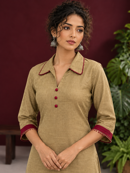Timeless Beige Cotton Asymmetric Kurta with Maroon Lace Collar and Contrast Maroon Accent — fabric detail