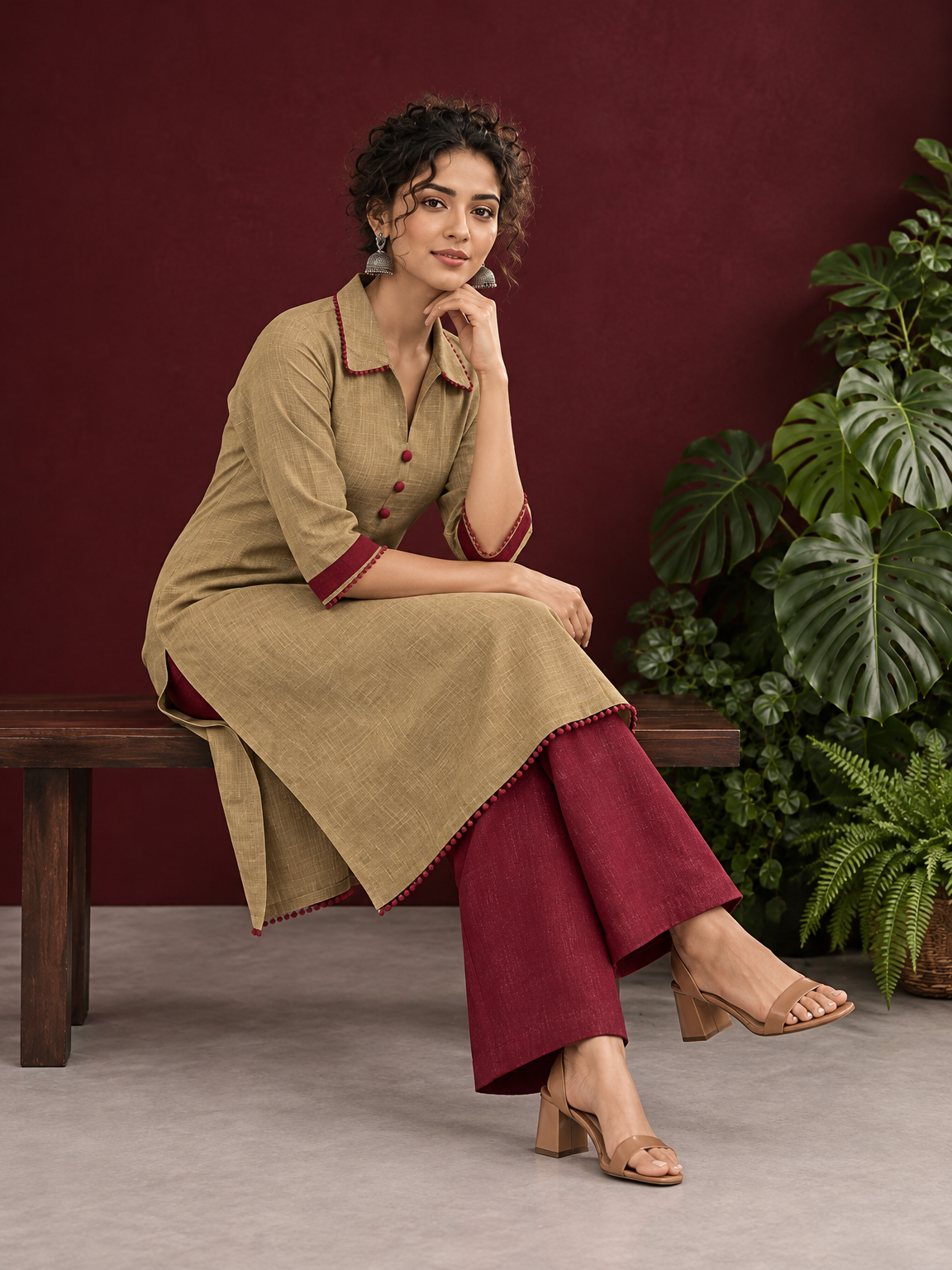 Timeless Beige Cotton Asymmetric Kurta with Maroon Lace Collar and Contrast Maroon Accent | Optional Pant