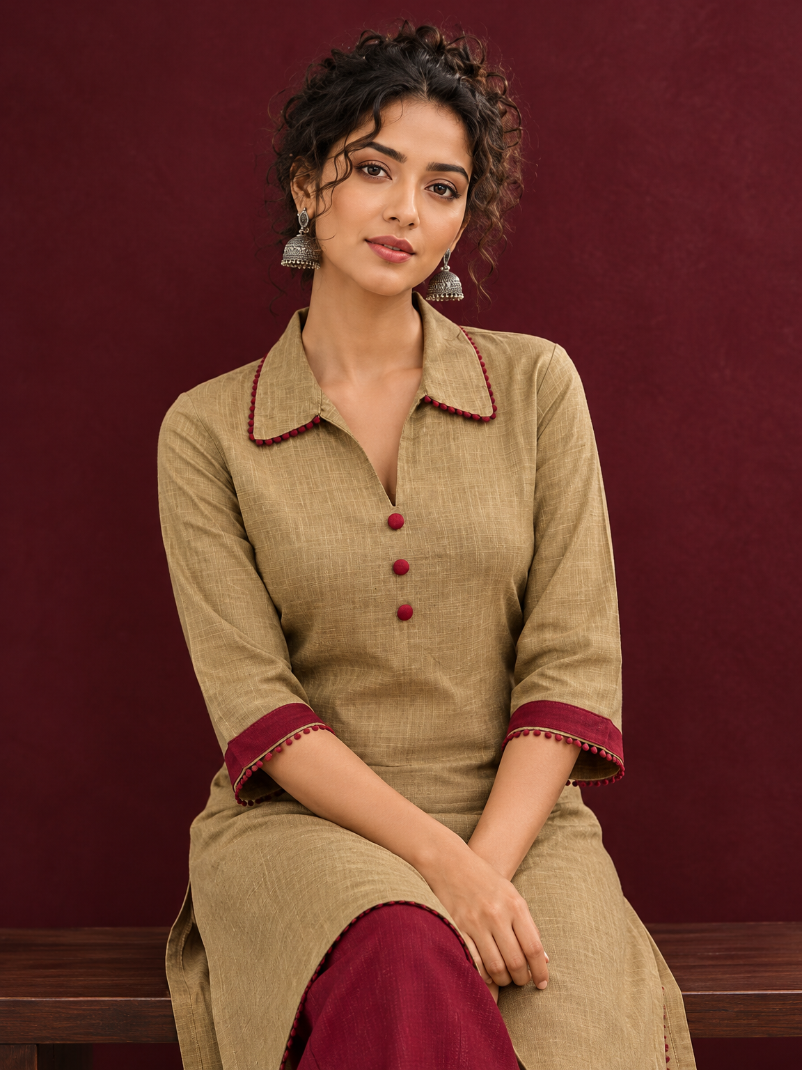 Timeless Beige Cotton Asymmetric Kurta with Maroon Lace Collar and Contrast Maroon Accent — seated detail — view 6