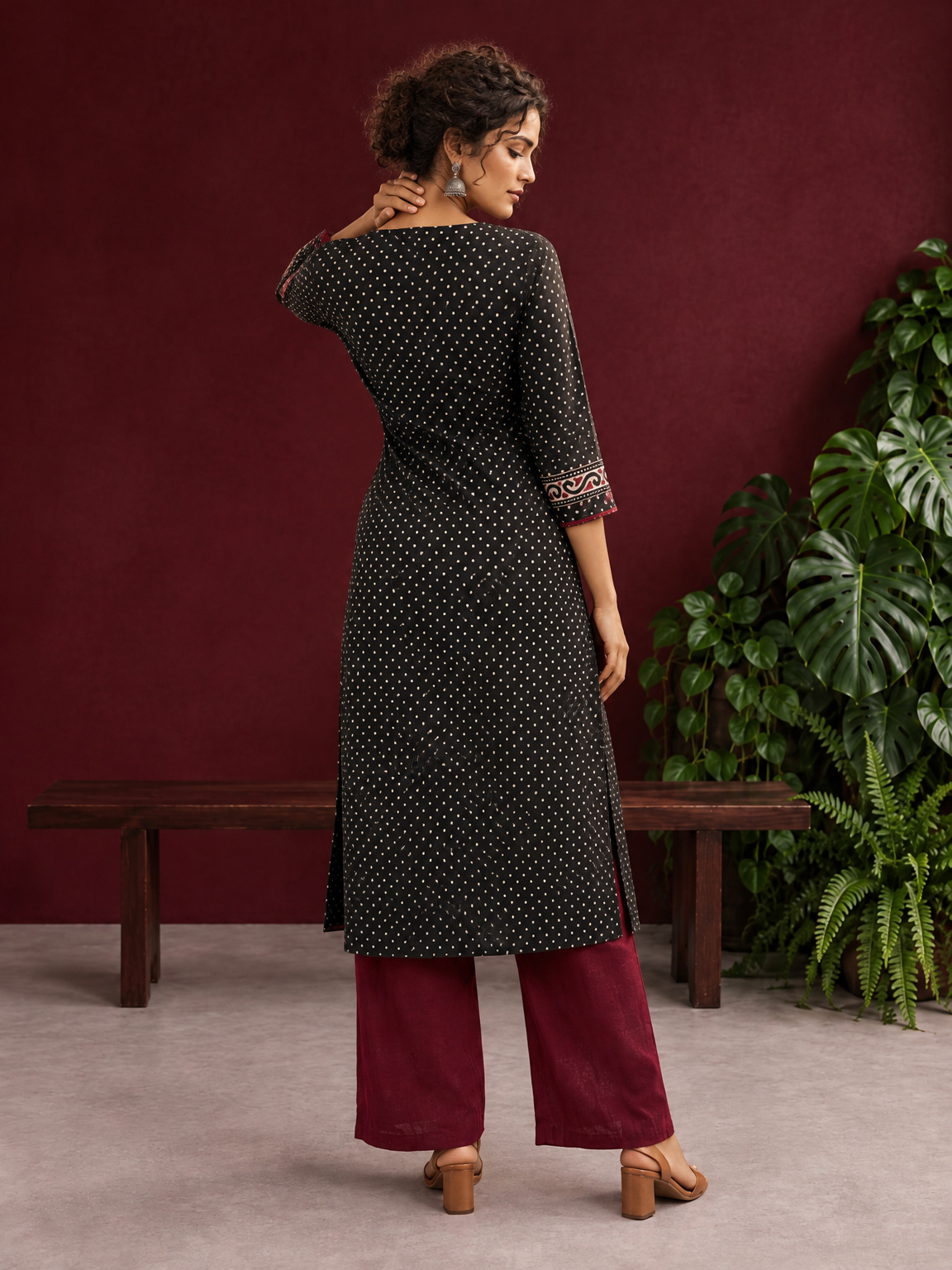 Classic Black Polka Dot Kurta with Contrast Zig-Zag Ajrakh V-Neck With Ajrakh Border On Cuffs — back view — view 3
