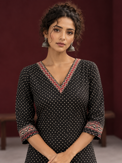 Classic Black Polka Dot Kurta with Contrast Zig-Zag Ajrakh V-Neck With Ajrakh Border On Cuffs — fabric detail