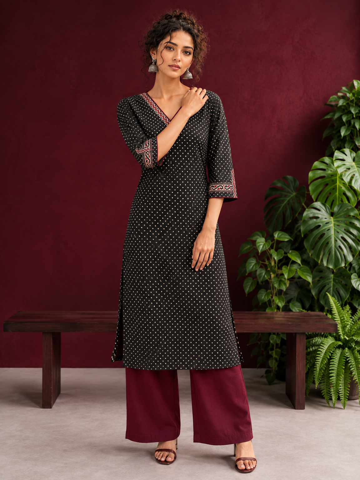 Classic Black Polka Dot Kurta with Contrast Zig-Zag Ajrakh V-Neck With Ajrakh Border On Cuffs — front view