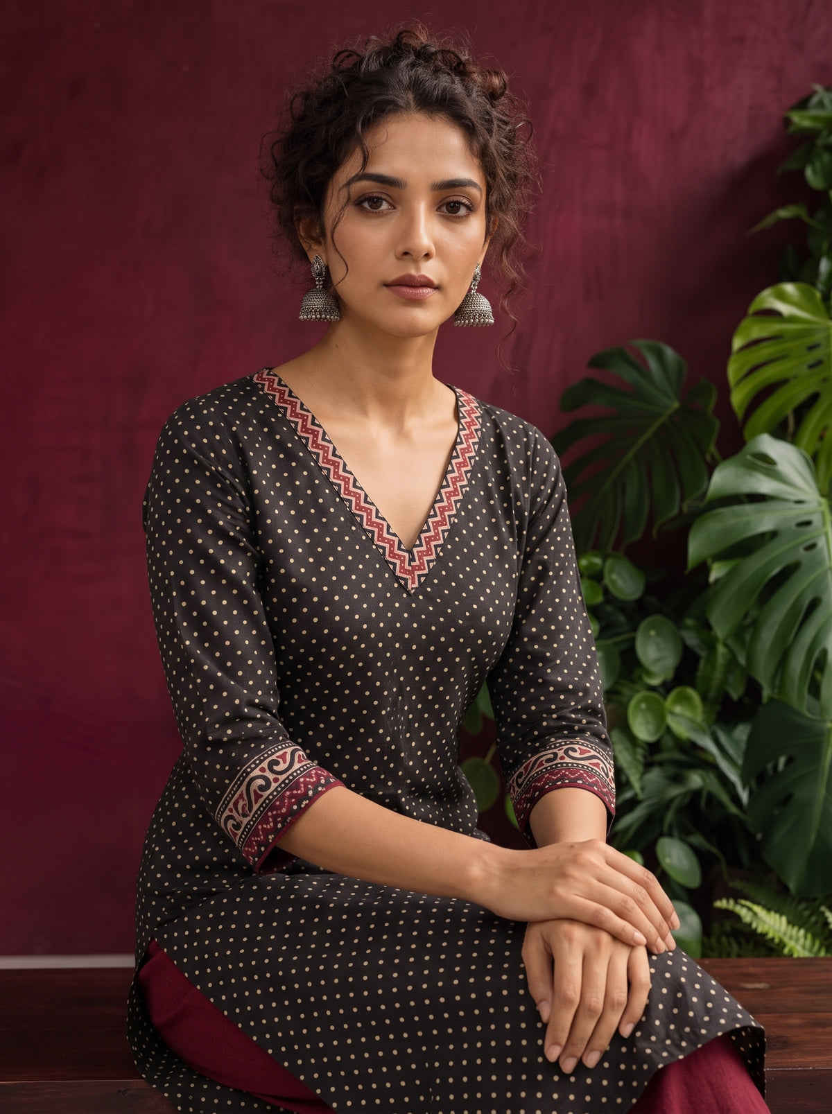 Classic Black Polka Dot Kurta with Contrast Zig-Zag Ajrakh V-Neck With Ajrakh Border On Cuffs — seated detail — view 2
