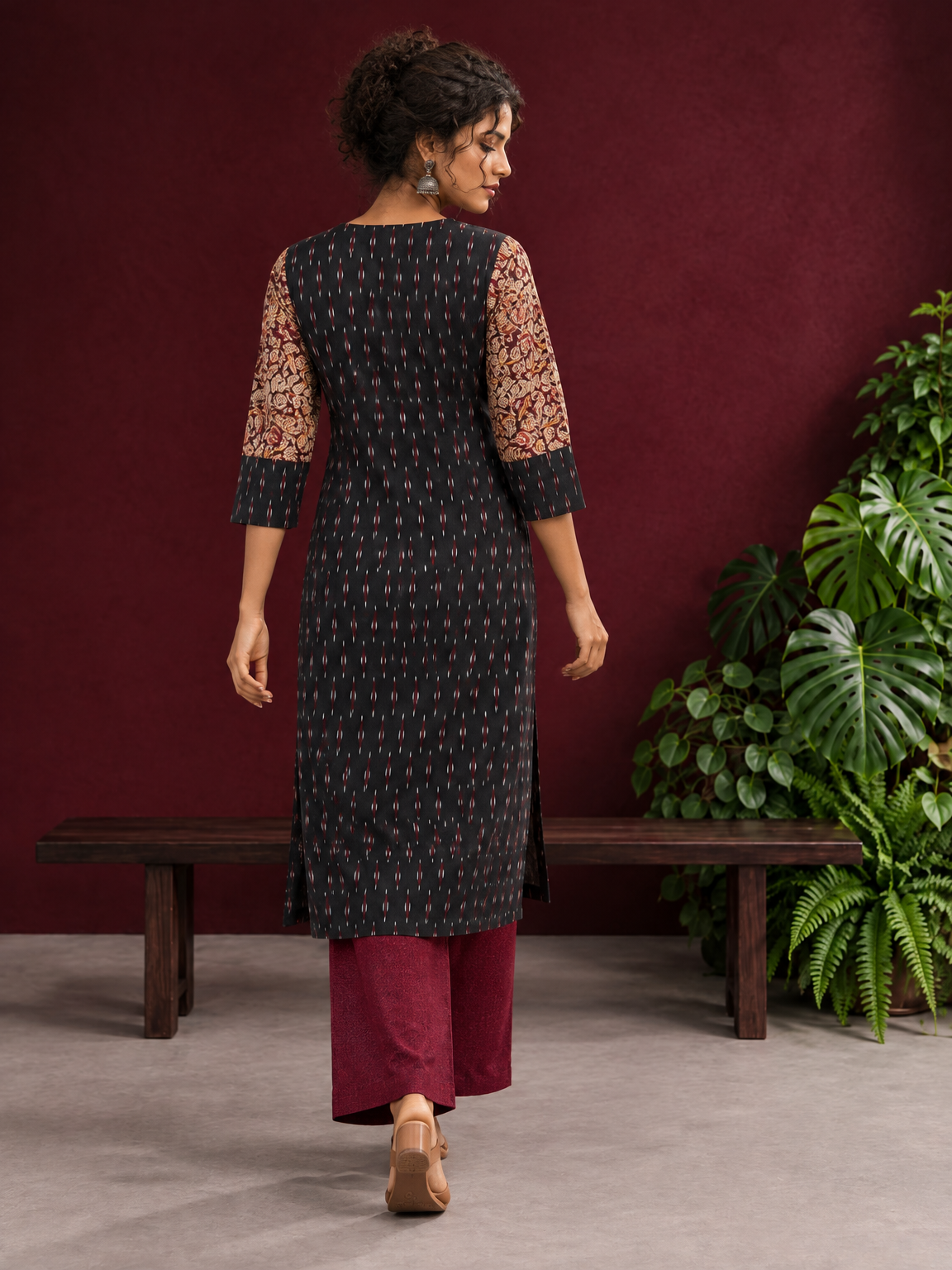 Timeless Black Ikat Cotton Kurta with Contrast Kalamkari Print Sleeves & Keyhole Neckline — back view — view 2