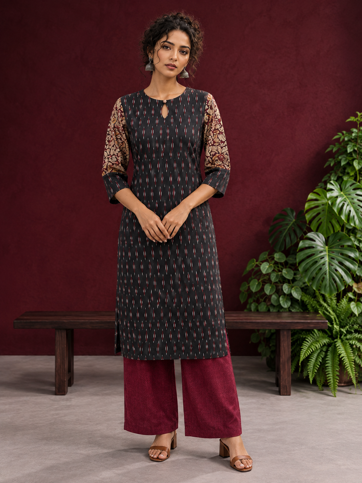 Timeless Black Ikat Cotton Kurta with Contrast Kalamkari Print Sleeves & Keyhole Neckline — front view — view 4