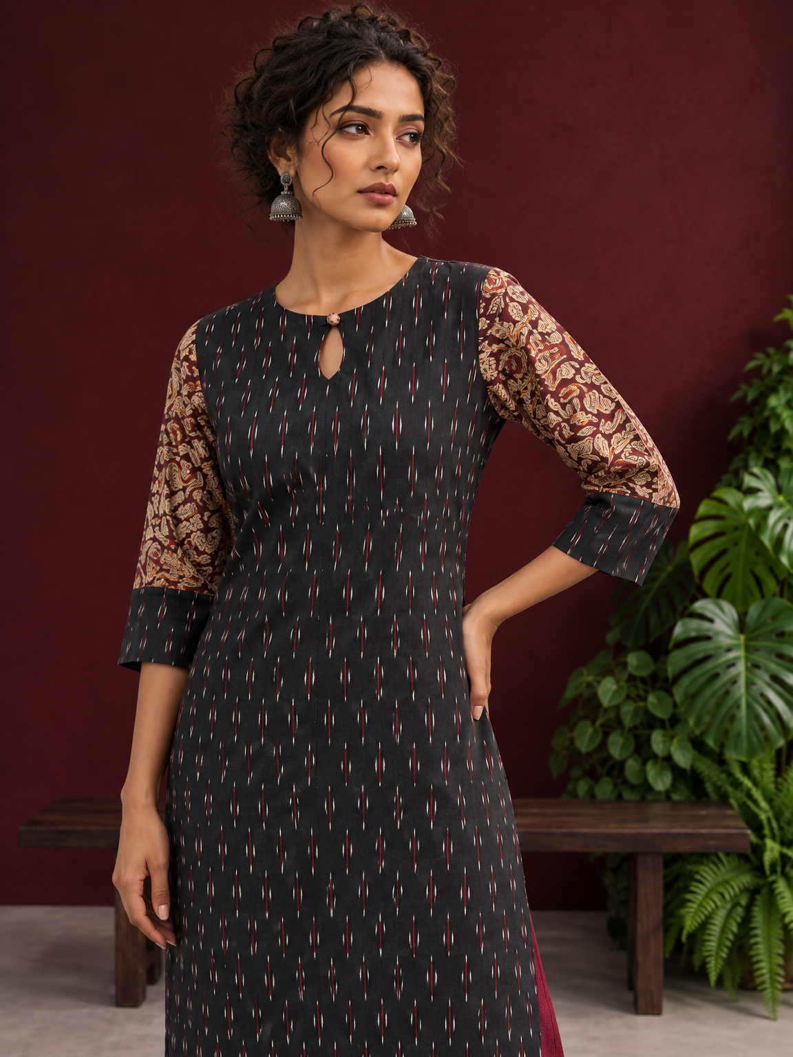 Timeless Black Ikat Cotton Kurta with Contrast Kalamkari Print Sleeves & Keyhole Neckline — fabric detail — view 3
