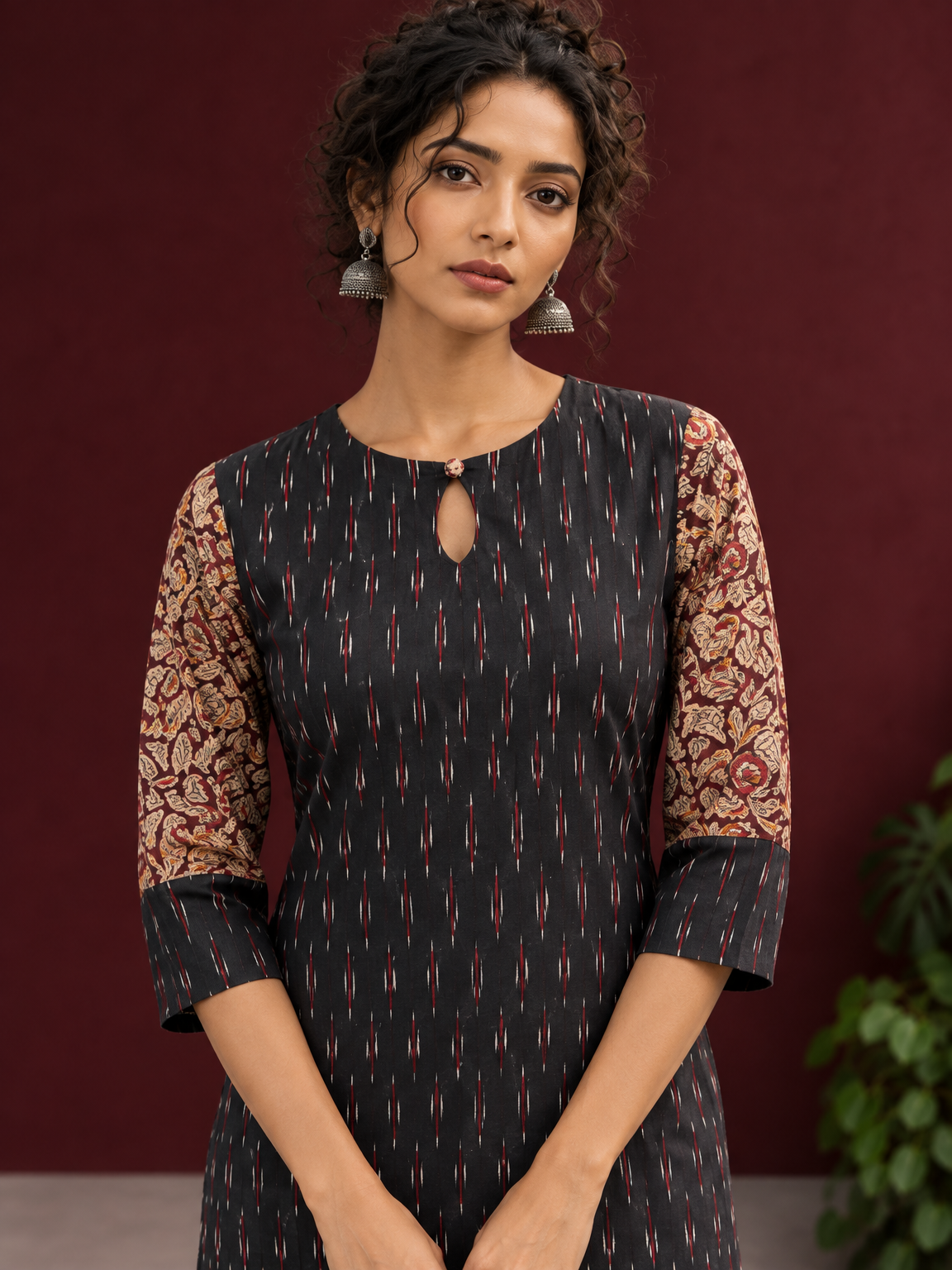 Timeless Black Ikat Cotton Kurta with Contrast Kalamkari Print Sleeves & Keyhole Neckline — styled view — view 5