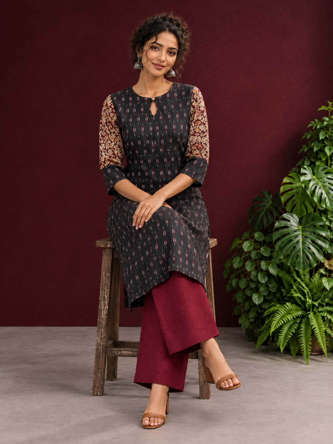 Timeless Black Ikat Cotton Kurta with Contrast Kalamkari Print Sleeves & Keyhole Neckline