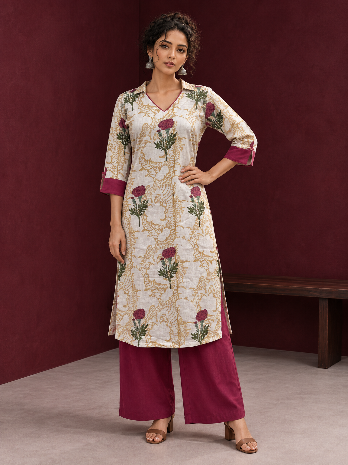 Ivory floral printed kurta with pink and green flowers, a V-neck, and contrasting pink cuffs. — front view — view 3