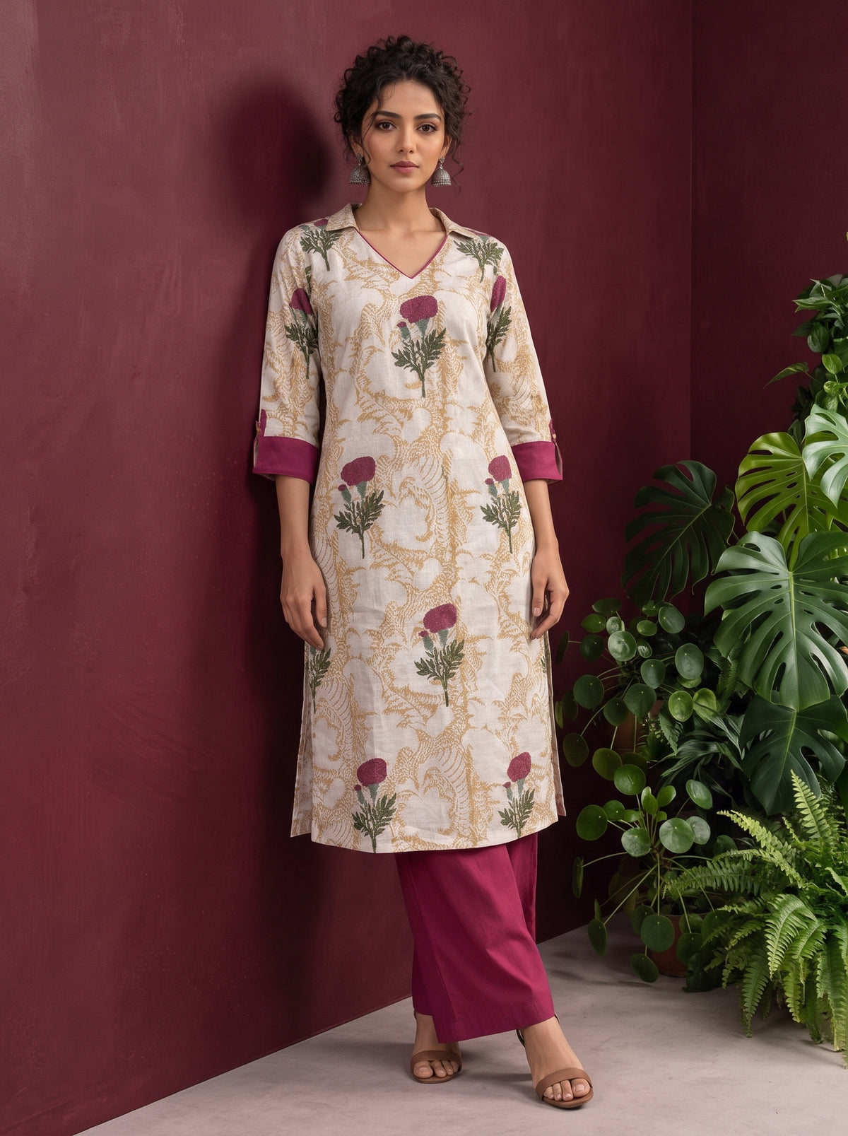 Ivory floral printed kurta with pink and green flowers, a V-neck, and contrasting pink cuffs. — side view — view 7