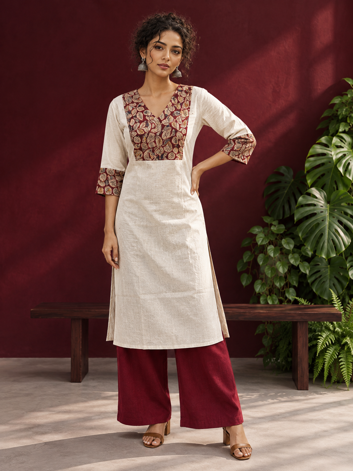 Elegant Off-White Cotton Kurta with Kalamkari Leaf Print Yoke and Contrast Cuffs | Optional Pant