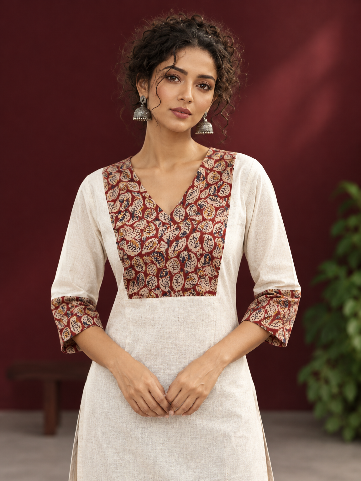 Elegant Off-White Cotton Kurta with Kalamkari Leaf Print Yoke and Contrast Cuffs — fabric detail — view 3