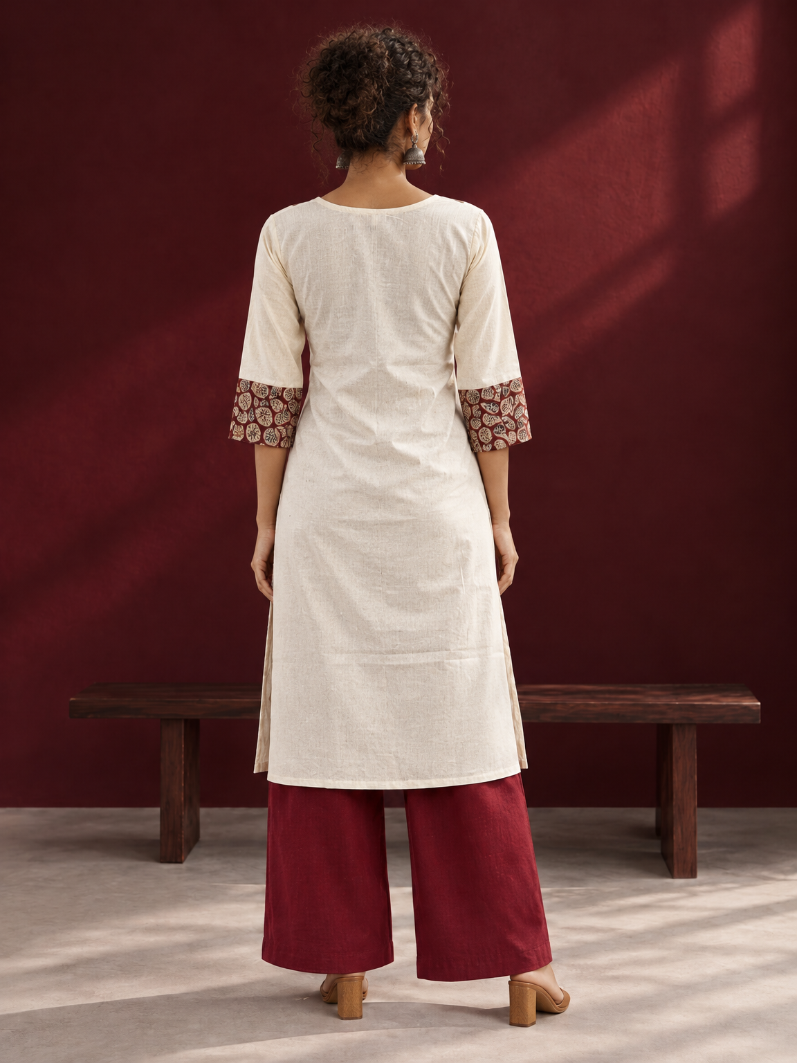 Elegant Off-White Cotton Kurta with Kalamkari Leaf Print Yoke and Contrast Cuffs — back view — view 2