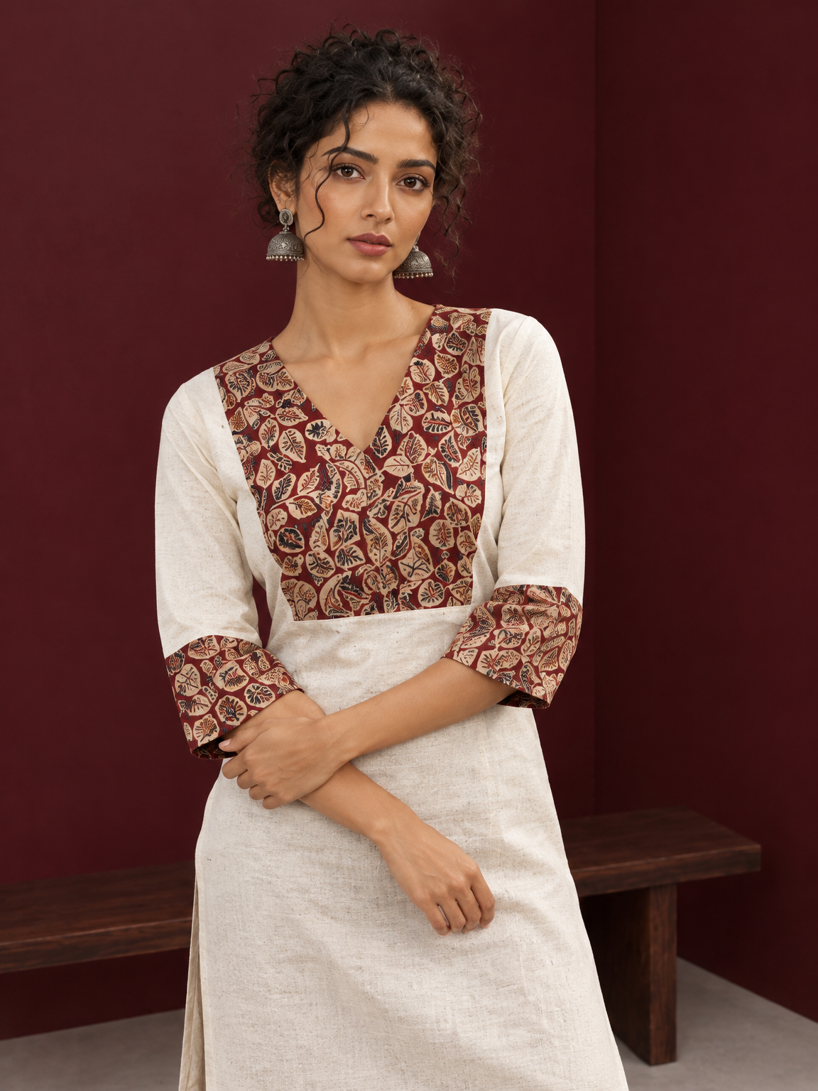 Elegant Off-White Cotton Kurta with Kalamkari Leaf Print Yoke and Contrast Cuffs — styled view — view 4