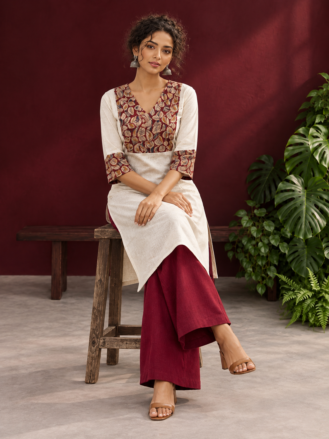 Elegant Off-White Cotton Kurta with Kalamkari Leaf Print Yoke and Contrast Cuffs — seated — view 6
