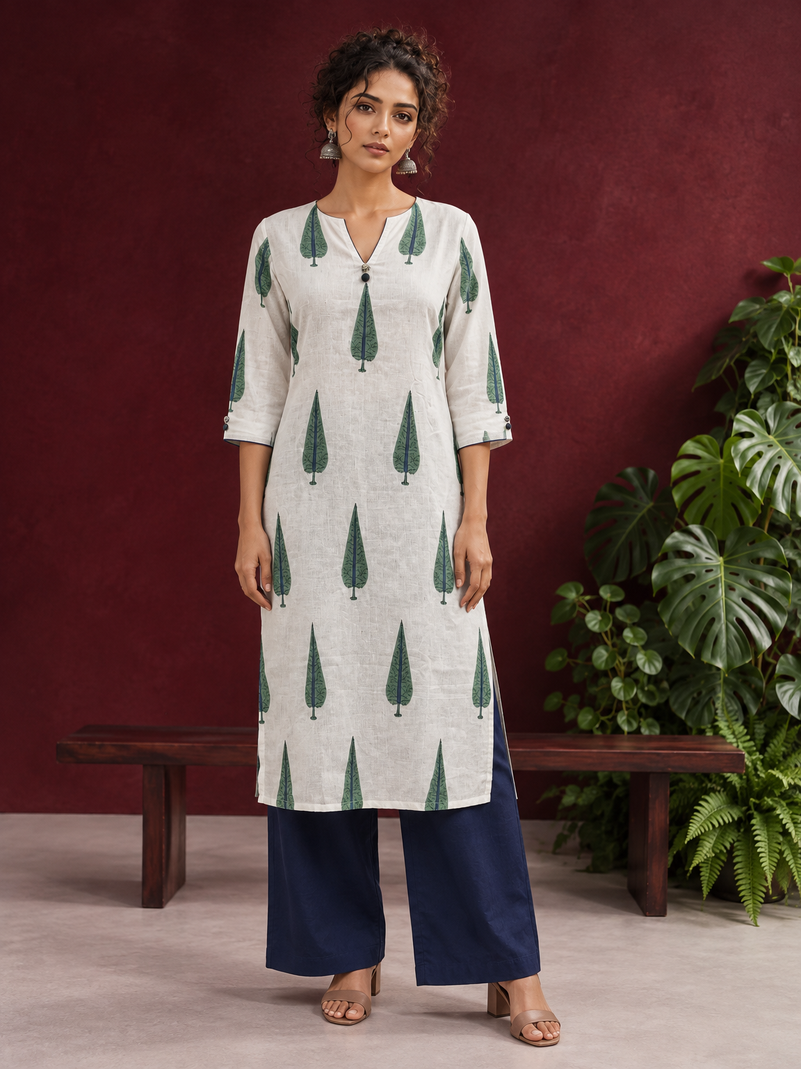 Classic Off-White Cotton Kurta with Green Tree Motif Print — front view — view 4