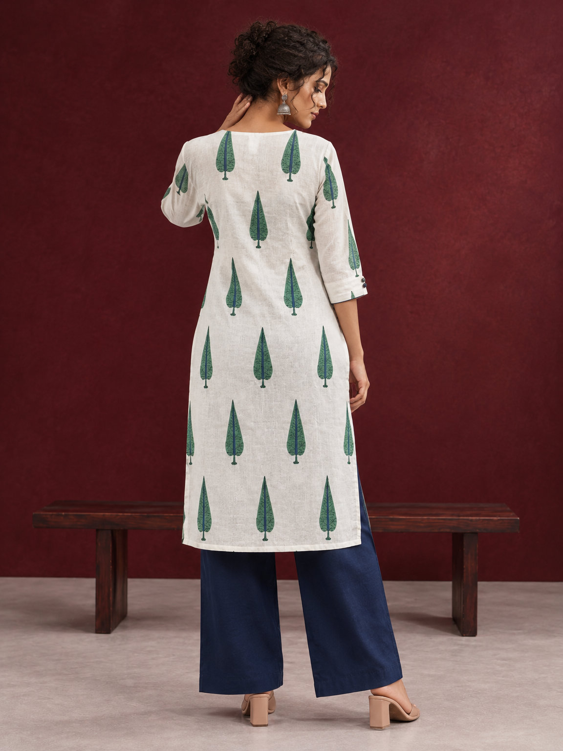 Classic Off-White Cotton Kurta with Green Tree Motif Print — back view — view 2