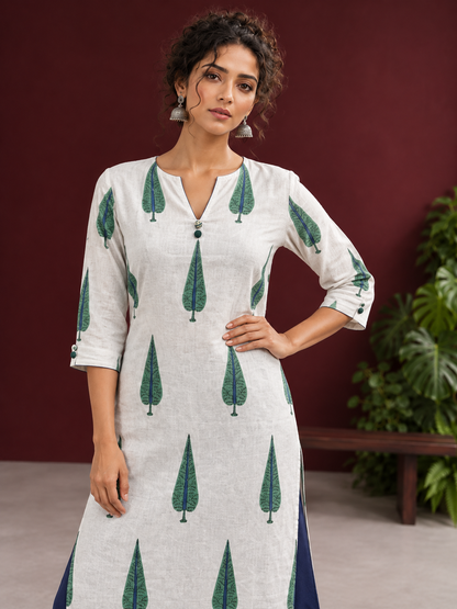 Classic Off-White Cotton Kurta with Green Tree Motif Print — fabric detail