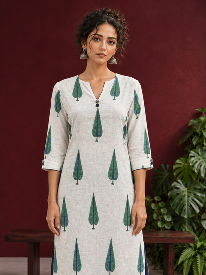 Classic Off-White Cotton Kurta with Green Tree Motif Print — styled view