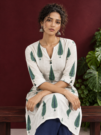 Classic Off-White Cotton Kurta with Green Tree Motif Print — seated detail