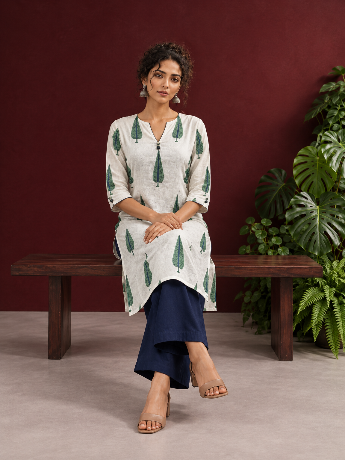 Classic Off-White Cotton Kurta with Green Tree Motif Print | Optional Pant