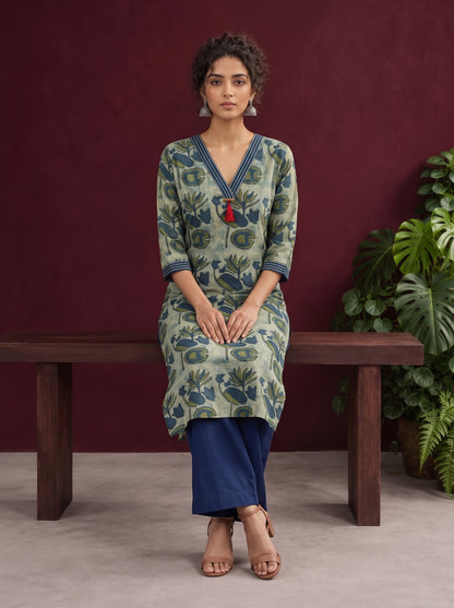 Sage Green Cotton Kurta with Hand Block Printed Floral Motifs and Contrast Navy Striped V-Neck — seated