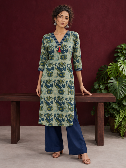 Sage Green Cotton Kurta with Hand Block Printed Floral Motifs and Contrast Navy Striped V-Neck — front view
