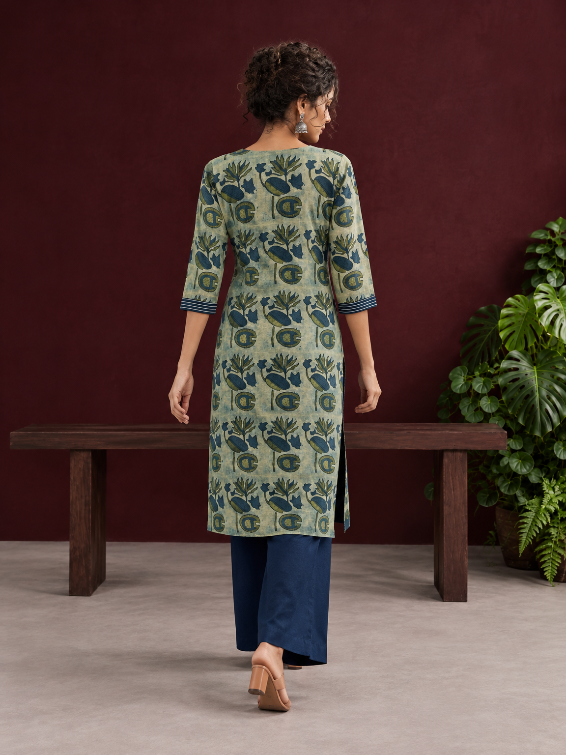 Sage Green Cotton Kurta with Hand Block Printed Floral Motifs and Contrast Navy Striped V-Neck — back view — view 3