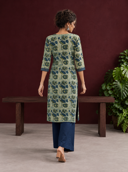 Sage Green Cotton Kurta with Hand Block Printed Floral Motifs and Contrast Navy Striped V-Neck — back view