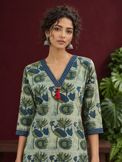 Sage Green Cotton Kurta with Hand Block Printed Floral Motifs and Contrast Navy Striped V-Neck — fabric detail