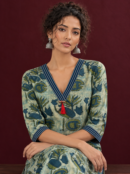 Sage Green Cotton Kurta with Hand Block Printed Floral Motifs and Contrast Navy Striped V-Neck — seated detail