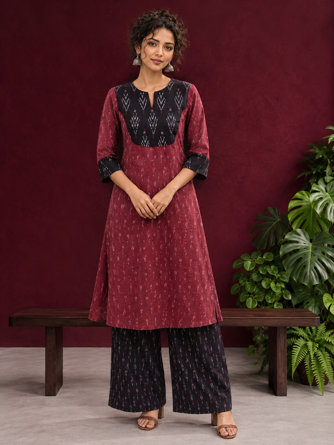 Elegant Maroon Ikat Cotton A Line Kurta With Black Yoke & Ikat Cuff Detailing — front view — view 3