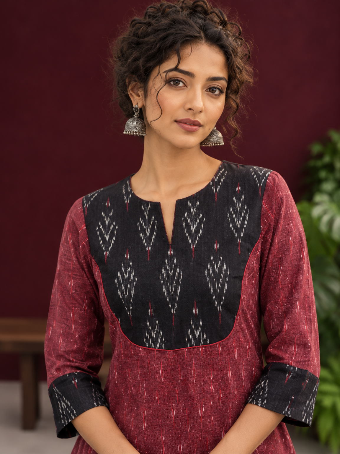 Elegant Maroon Ikat Cotton A Line Kurta With Black Yoke & Ikat Cuff Detailing — fabric detail — view 2