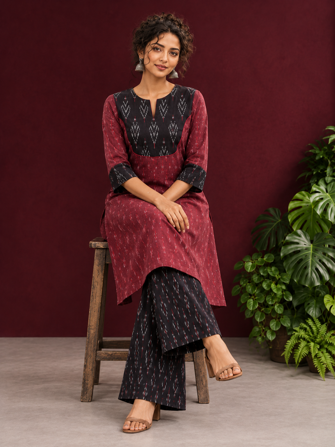Elegant Maroon Ikat Cotton A Line Kurta With Black Yoke & Ikat Cuff Detailing — seated
