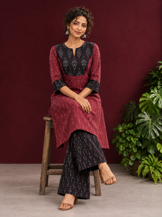 Elegant Maroon Ikat Cotton A Line Kurta With Black Yoke & Ikat Cuff Detailing — seated