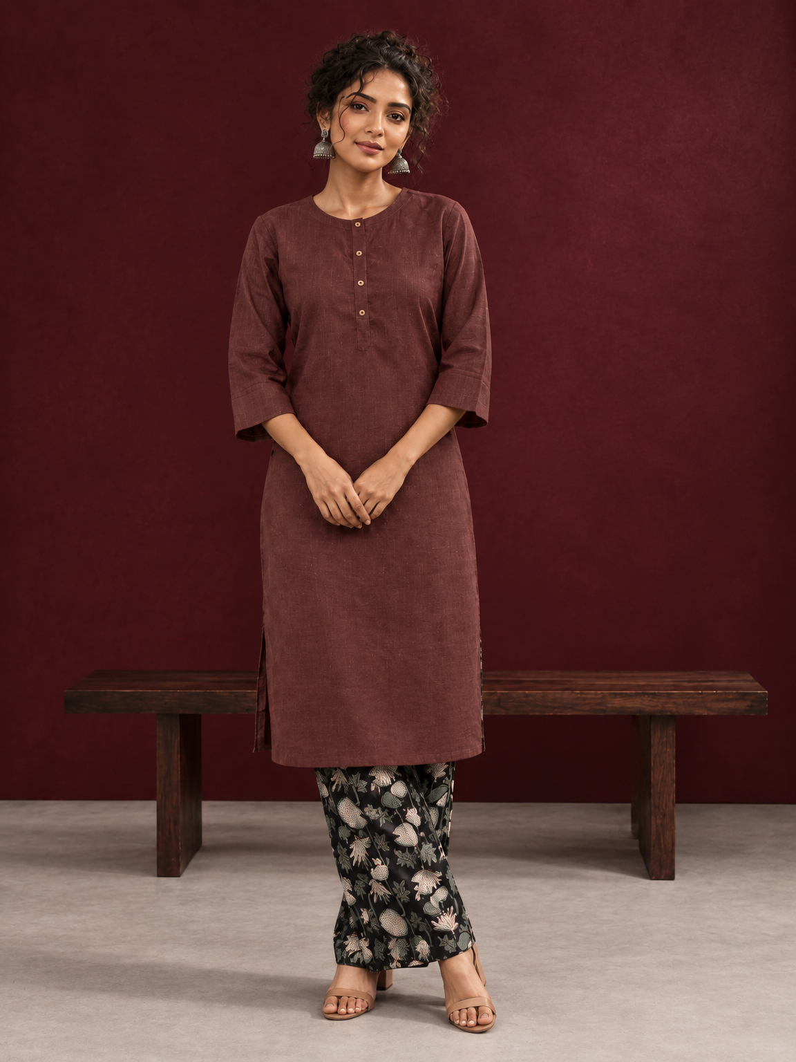 Rustic Brown Cotton Kurta with Round Neck | Optional Pant