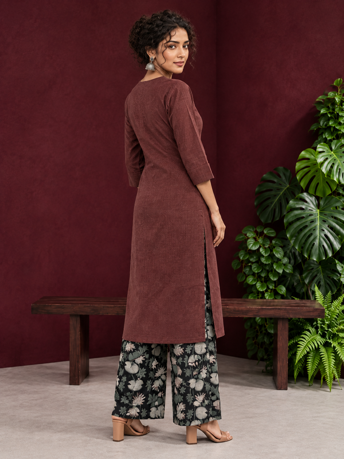 Rustic Brown Cotton Kurta with Round Neck — back view — view 3