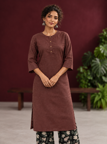 Rustic Brown Cotton Kurta with Round Neck — fabric detail