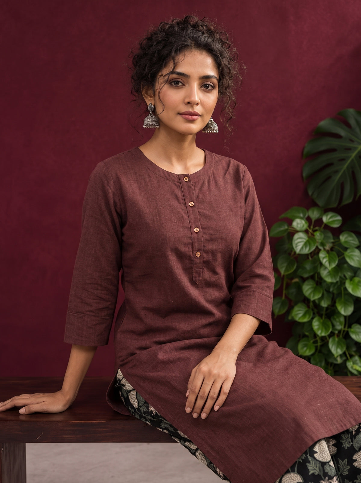Rustic Brown Cotton Kurta with Round Neck — seated detail — view 2