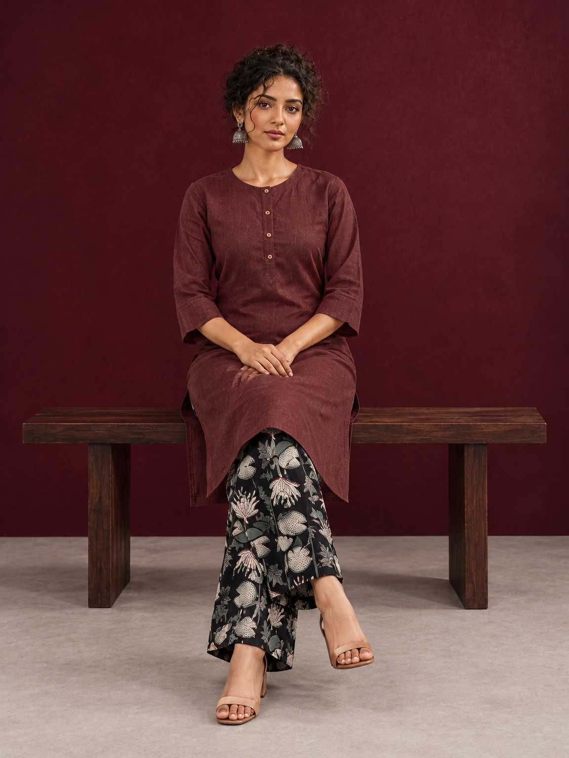 Rustic Brown Cotton Kurta with Round Neck — seated — view 6