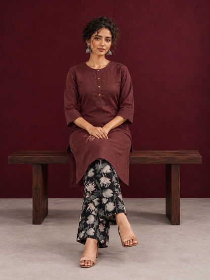 Rustic Brown Cotton Kurta with Round Neck — seated